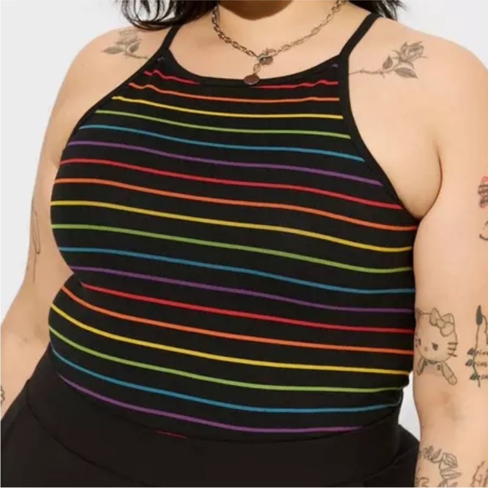 Torrid High Neck Rainbow Striped Fitted Crop Tank Top
